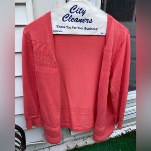 Salmon Pink Open-Front Half-Sleeve Pointelle Cardigan